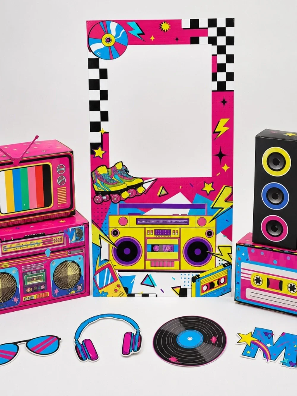 80s 90s Party Decorations 9pc Photo Booth Props + 7x5ft Backdrop New